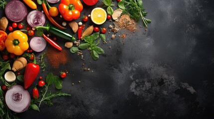 Aufkleber - Organic vegetables and herbs for healthy cooking on vintage slate background