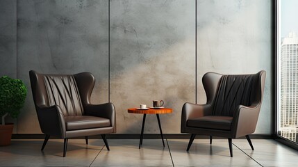 Poster - Two elegant leather armchairs positioned by a coffee table along with an open book or planner in a luxurious office or fashionable apartment meeting room