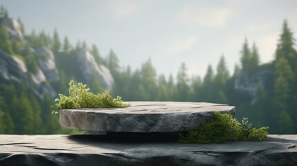 Poster - Stone podium on rock platform 3D illustration gray pedestal for display forest and blurred horizon natural landscape soft light