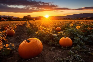 Poster - Pumpkin field at sunset
