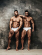 Full-length portrait of two muscled male models in studio. Two sexy men wearing white underwear and standing near textured wall. Two naked guys with six-pack abs.