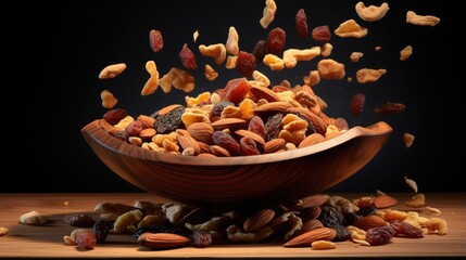 Poster - Mixed dried fruits and nuts in a wooden bowl