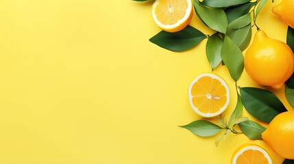 Fototapete - Minimal concept summer composition with citrus fruit and green leaves on a pastel yellow background Flat lay top view copy space