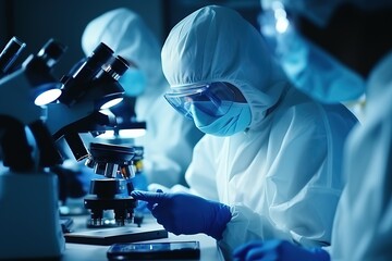 Poster - A team of biochemists working with a microscope