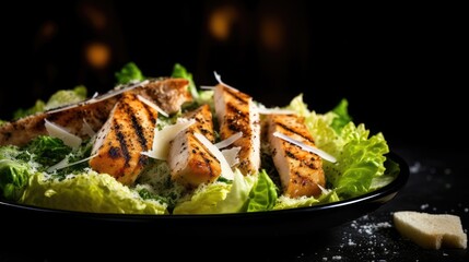 Aufkleber - Yummy Caesar salad with grilled chicken croutons Parmesan and lettuce on rustic black background