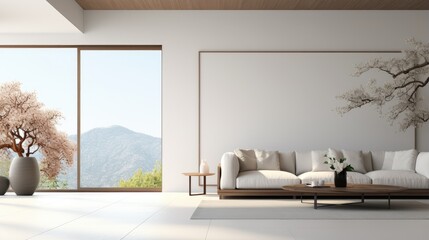 Poster - Minimal modern white living room with blank wall brown furniture open sliding door with nature view