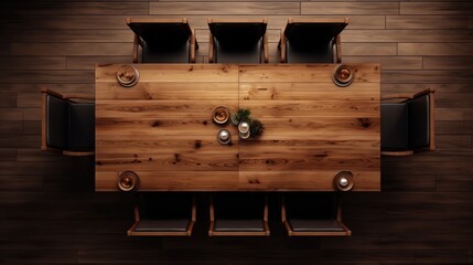 Poster - Stylish furniture set on empty wooden table and chairs indoors top view