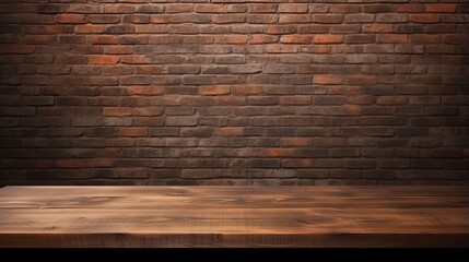 Poster - Photomontage or product display with empty brown wooden table and blurred old black brick wall backdrop