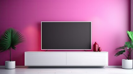 Poster - Modern living room with white viva magenta wall background and a TV on the cabinet
