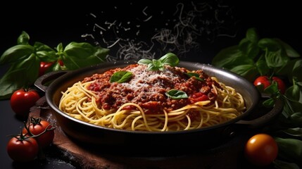 Poster - Traditional Italian spaghetti bolognese with rich sauce cooked on cast iron pan topped with Parmesan cheese and basil