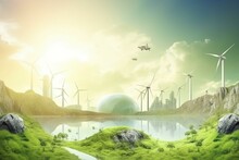 Environmentally-friendly Planet With Windmills And Solar Plants. Generative AI