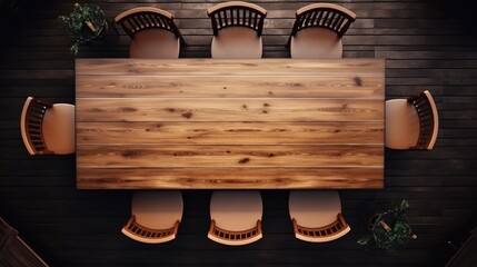 Poster - Stylish furniture set on empty wooden table and chairs indoors top view
