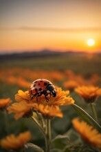 Close Up Of A Beautiful Ladybug On An Orange Flower At Sunset