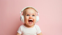 cheerful surprised child wearing headphones to listen to music, music has a positive effect on the child's cognitive development concept. ai generative