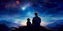 parent and child under a starry sky, where stars sing lullabies to soothe the world to sleep.