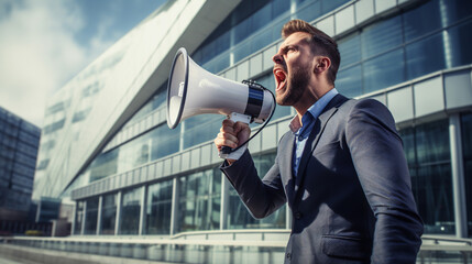 businessman shouting through a megaphone outside in front of office building. ai generative