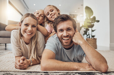 Poster - Home, portrait and family with girls on the floor, relax and happiness with joy, cheerful and weekend break. Children, mother or father with kids on the ground, calm or care with a smile in a lounge