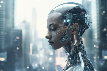 Poster - Side view of futuristic looking female robot with city in the background