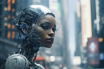 Poster - Side view of futuristic looking female robot with city in the background