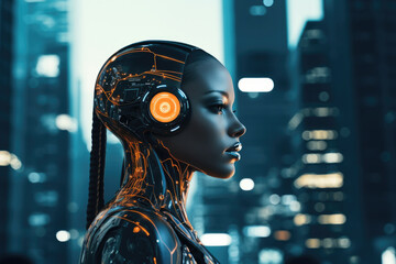 Wall Mural - Side view of futuristic looking female robot with city in the background