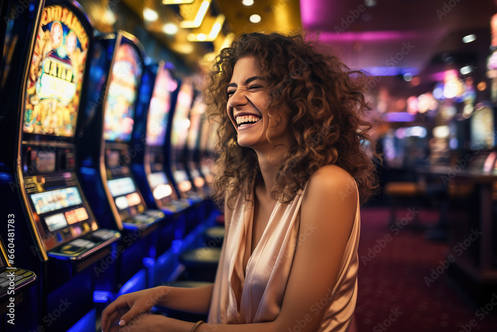 Happy young woman smiling near slot machines in a casino