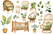 A set of different furniture and plants for the children's room. Watercolor illustrations for design and decoration.
