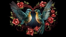 Two Hummingbirds Fly Face-to-face Amidst A Backdrop Of Blooming Flowers, Symbolizing Nature's Delicate Dance And Vibrant Harmony. Generative AI.