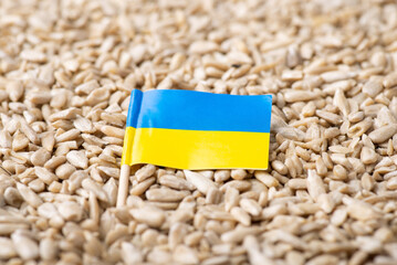 Wall Mural - Flag of Ukraine on peeled sunflower seeds. Origin of grown sunflower grain, agribusiness