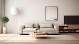 Fototapeta  - A minimalist living room bathed in light hues, where modern aesthetics meet simplicity, creating a serene and stylish space. Generative AI.