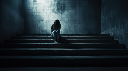 Sad teenage girl sitting on the stairs.