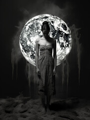 Wall Mural - broken heart girl black and white darkness sadness love full moon yin  - by generative ai