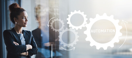 Aufkleber - Machine gear, automation hologram and woman with thinking and working on information tech for business. Website, dashboard and application with futuristic research by office window with worker idea