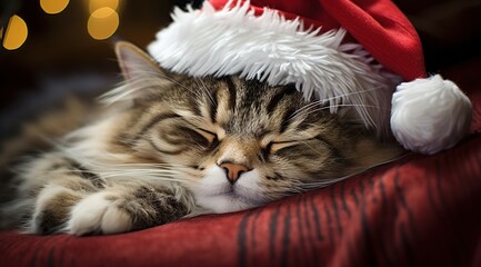 cat in a Santa hat sleeps on a pillow, New Year's background