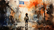 Digital painting of a kid walking in the street with an American flag.