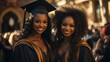 Joyful moment captured as two young black ladies in graduation regalia embrace on campus, diplomas in hand. Their laughter and bond celebrate academic achievements and the joy of graduation