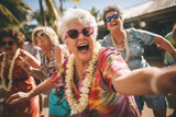 Fototapeta  - Happy senior women on vacation having fun and enjoying life on a tropical island, displaying joy, embodying a healthy, retired lifestyle