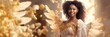 Beautiful Smiling African American Female Holy Golden White Angel Background with Empty Copy Space for Text and Ad - Beautiful Smiling Black Woman Angel Wallpaper created with Generative AI Technology