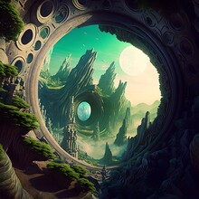 An Enchanting Alien Planet Crater Showcasing A Vast Fractal Monument Built From A Series Of Nested Circles Covered In Moss And Surrounded By Gigantic Statues Lush Trees Towering Mountains And 