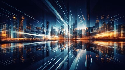 Poster - abstract smart network and connection technology concept in city at night for business web banner, b