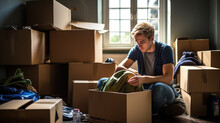 Stockphoto, Copy Space, A Male College Freshman Unpacking His Things And Stuff, Moving Into His University Dorm Room. Young Male Student Arranging His Stuff In His Dorm Room. Student Theme, Education