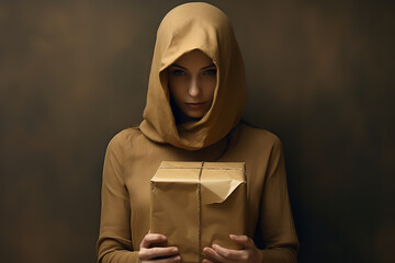 Sticker -  A woman holding a neatly wrapped package in brown paper and tied with string, ready for mailing