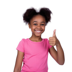 Smiling afro girl showing thumbs up, isolated on white or transparent background. AI Generated.