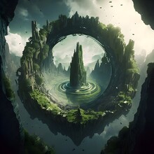 A Stunning Extraterrestrial Worlds Crater Featuring A Massive Fractal Monolith Composed Of Numerous Concentric Circles Adorned With Moss Colossal Sculptures Trees Mountains And Adventurers 
