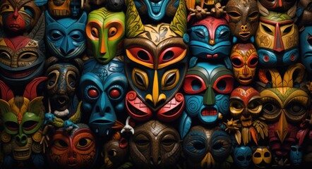 Wall Mural - A bunch of colorful wooden masks sitting on top of each other