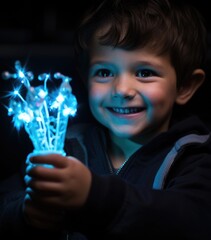 Poster - A little boy holding a bunch of blue flashlights