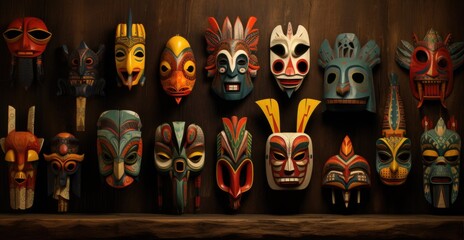 Wall Mural - A group of wooden masks hanging on a wall