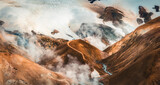 Fototapeta Fototapety z naturą - Landscape of Kerlingarfjoll volcanic mountain range with sulfur smoke and tourist hiking in summer at Icelandic Highlands