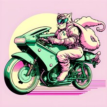 Cat Riding A Kawasaki Motorcycle Vaporwave Style Comic Style 