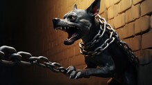 A Fierce Dog Growls Aggressively, Chains Binding It Tight, Displaying Raw Emotion And A Warning To Approachers Of Its Restraint And Intensity. Generative AI.