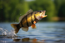 American Perch Jumping Out Of The Water